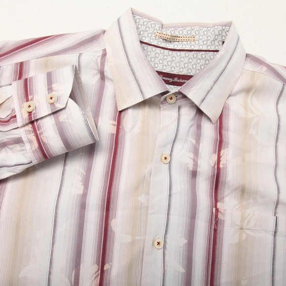 Tommy Bahama Other - Tommy Bahama Shirt Mens XL Beige Pink Striped Floral Cotton Silk Long Sleeve